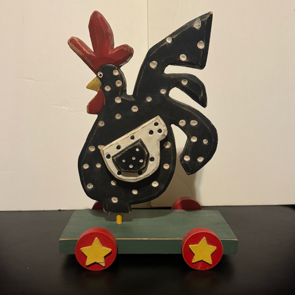 Folk Art  Black and Red Rooster Wooden Figurine on Wheels 11”